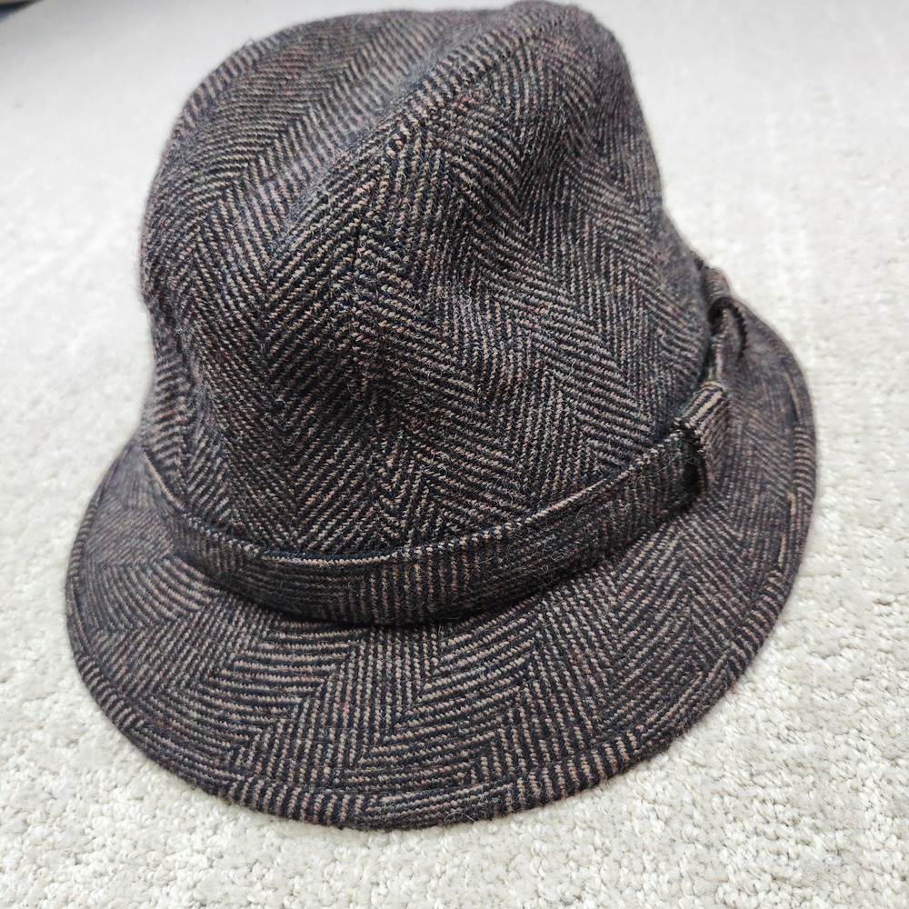 Dorfman Pacific Mens Brown‎ Herringbone Tweed Wool Blend Fedora Hat Large